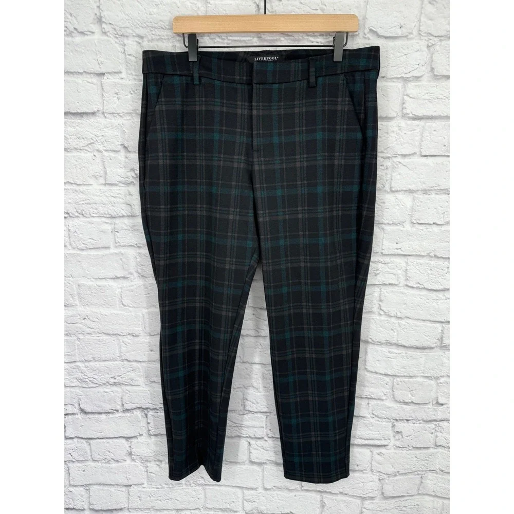 Liverpool Women's Plaid‎ Pants Size 14/32 Black Green Straight Leg Stretch